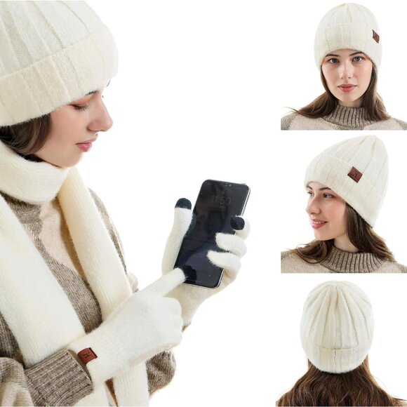 Women's White Warm Knit Beanie Hat Touchscreen Gloves Long Neck Scarf Set - Picture 6 of 7